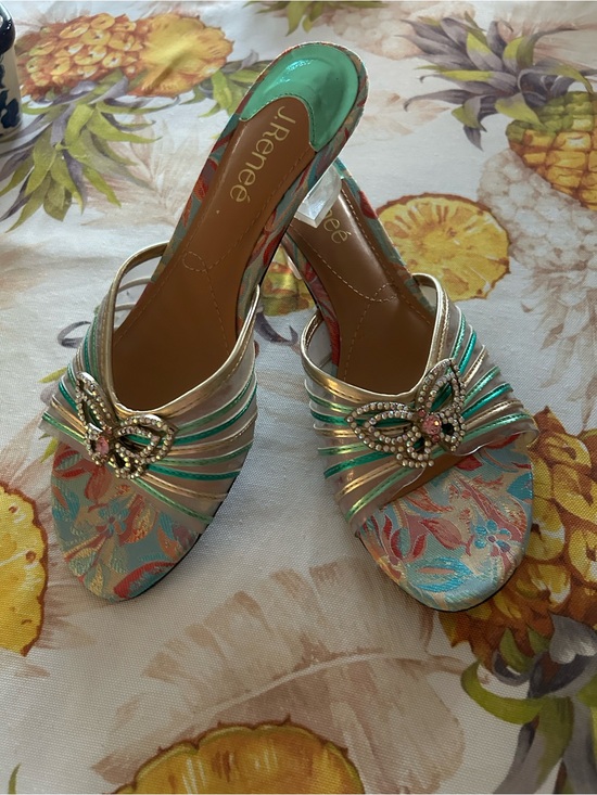 J.Renee Shoes - J.Renee Turquoise Floral Satin Bejeweled Slide Mules narrow fit worn once